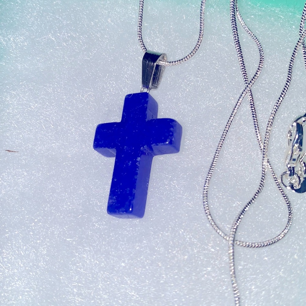 Boho hippie Lapis Lazuli Cross Sterling Silver 24” Necklace